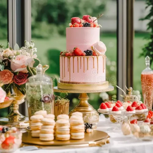 wedding-cake-floral-decor-party-celebration-holiday-dessert-catering-country-garden-post-processed-generative-ai-ai-349939294